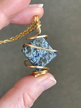 Lapis Lazuli Cubic Cut Gold Tone Wire Wrap Pendant